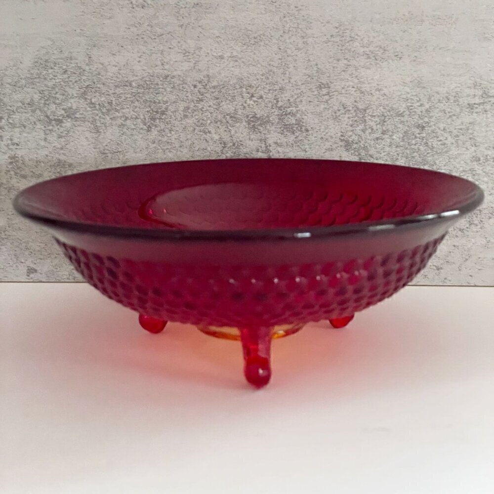Vintage Amberina Hobnail Glass Two Tone Red Orange 3-Toe Footed Bowl 6-3/8"